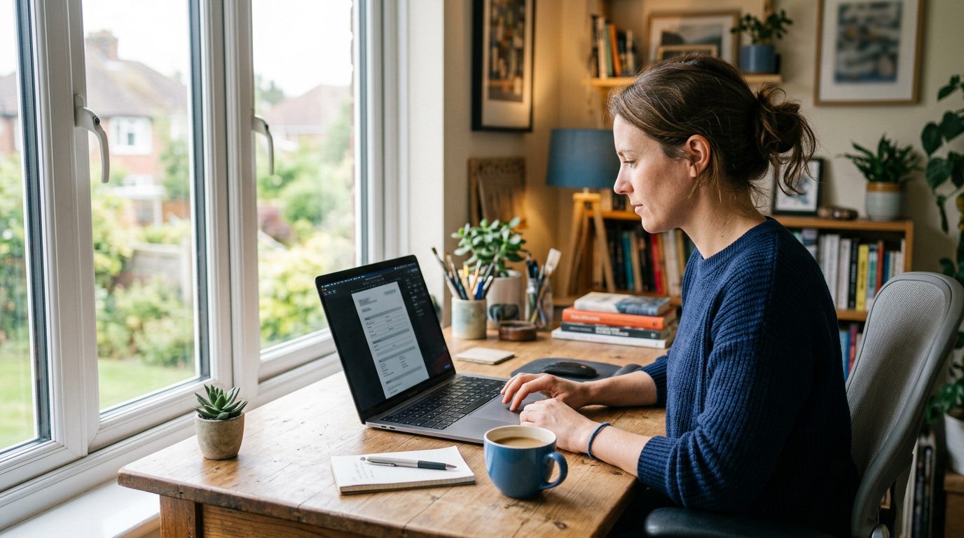 Freelancer reviewing a personalized application pack on a laptop